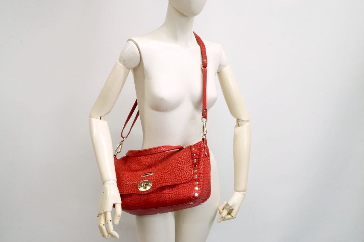 ザネラート ポスティーナ 2way ショルダー ハンドバッグ ターンロック クロコ型押し レザー 赤 レッド ZANELLATO 4402h