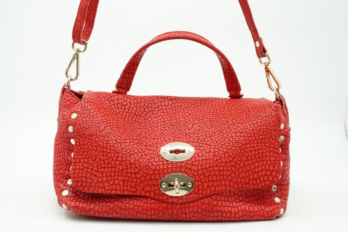 ザネラート ポスティーナ 2way ショルダー ハンドバッグ ターンロック クロコ型押し レザー 赤 レッド ZANELLATO 4402h