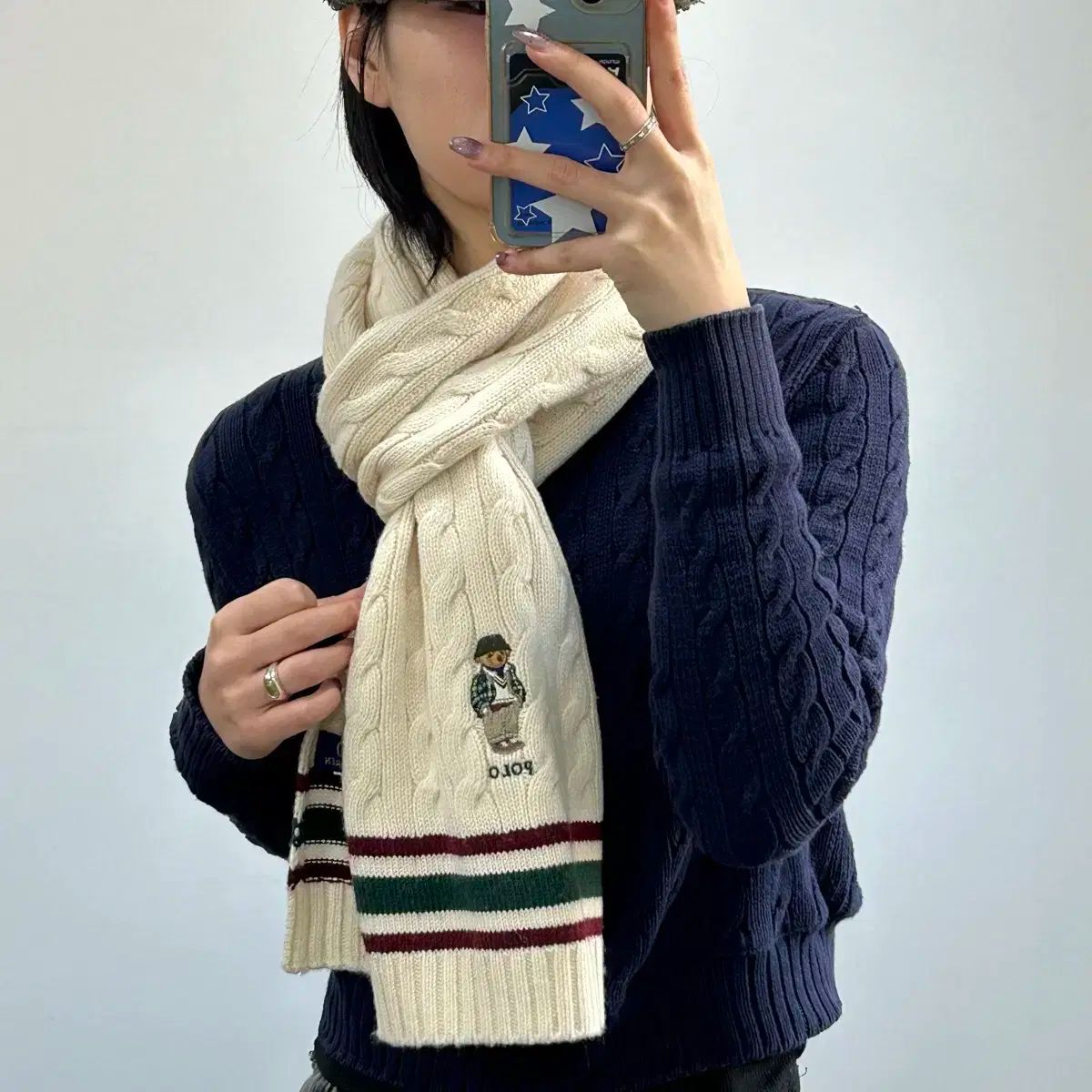 POLO ポロ クマ ロゴ アイボリー ケーブル マフラー