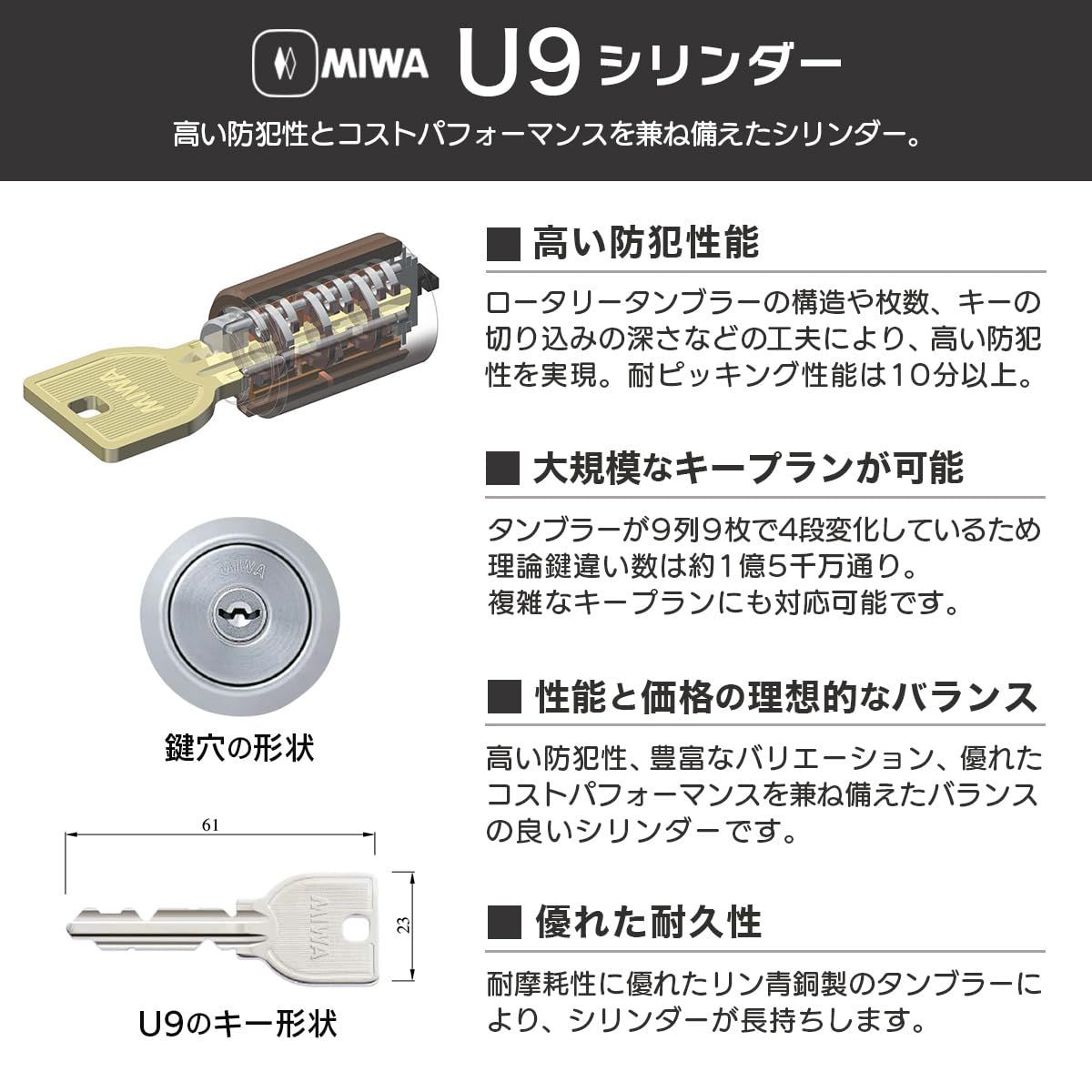 MIWA 美和ロック HM用 ドアノブ 交換 鍵付き 玄関ドア 取替え 錠 HMD-1 U9 バックセット64mm ドア厚33 41mm キー3本 交換手順書付 SEKIKENZAI_JP