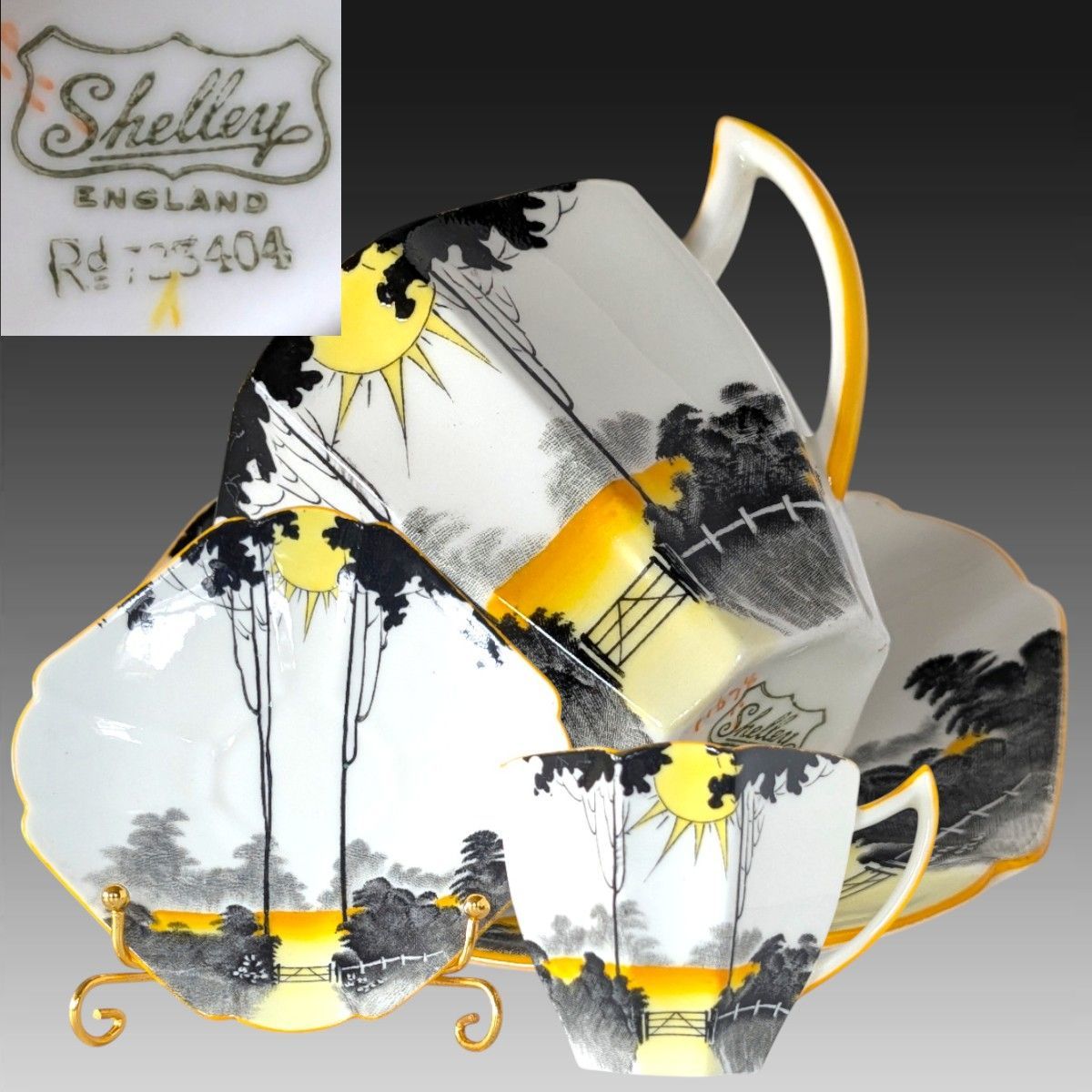 Shelley シェリー サンライズ Sunrise and Tall Trees カップ＆ソーサー クイーンアンシェイプ アールデコ 1926年頃 英国 1015
