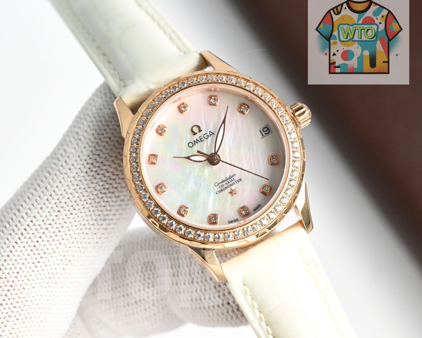 WTO通販 Omega オメガ レディースジュエルリーシリーズ 真珠母貝ダイヤル WTO輸入 NWP 72 定番ボトム 軽量素材