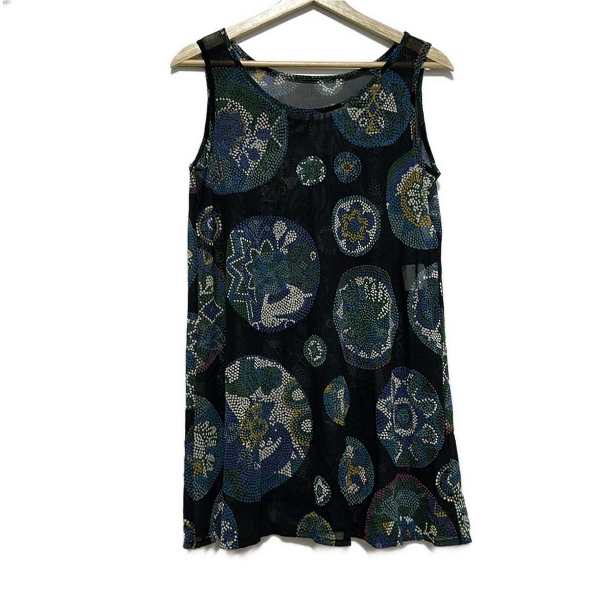 トクコ プルミエヴォル ワンピース サイズ9 M レディース - 黒×ブルー×マルチ クルーネック ノースリーブ ミニ シースルー