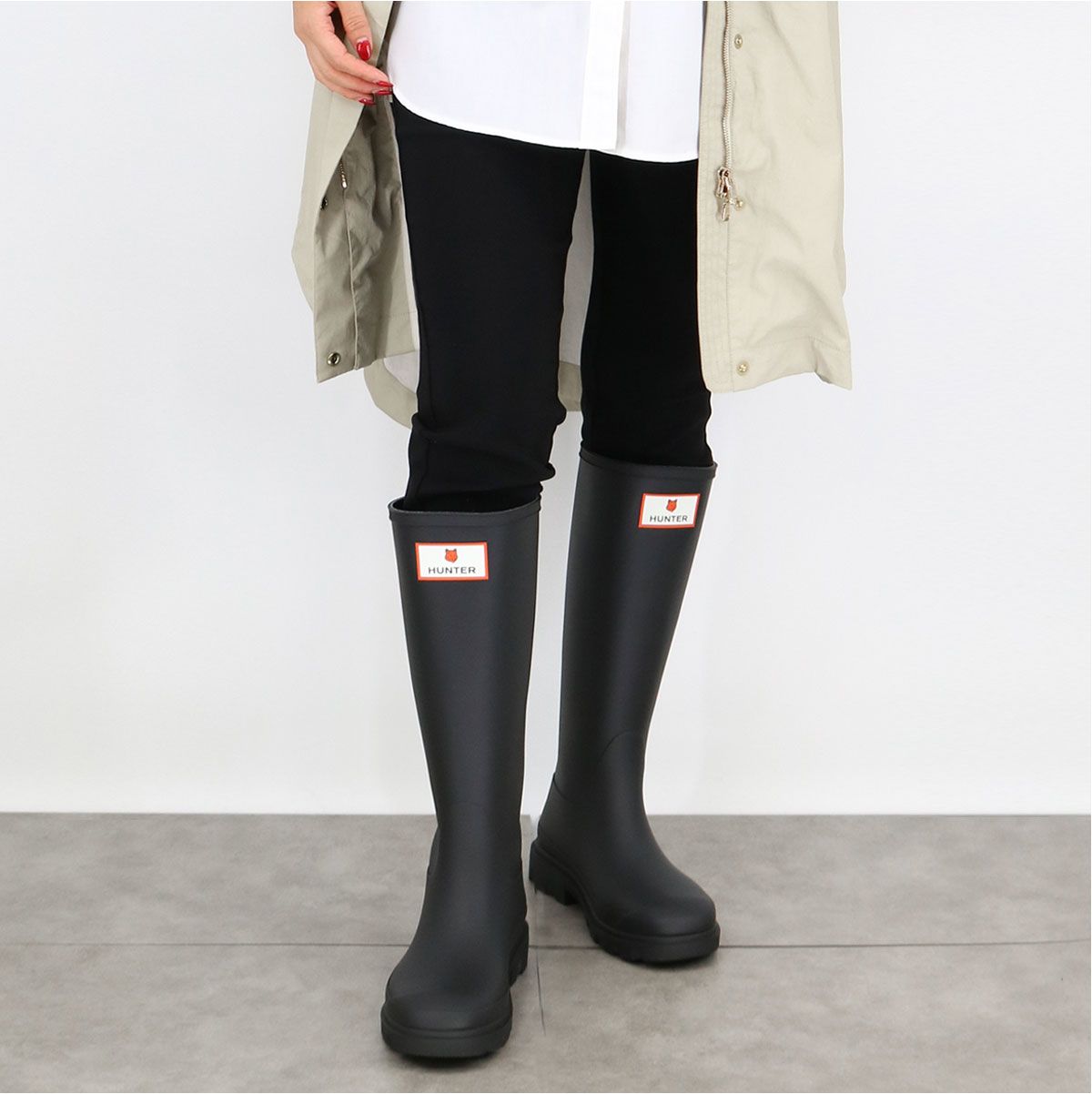 MAISON KITSUNE×HUNTER メゾンキツネ×ハンター コラボ レインブーツ DOWNPOUR TALL BOOTS ダウンポア トールブーツ ロングブーツ 長靴 ロゴラバーパッチ 防水 フォックスロゴ ブランド