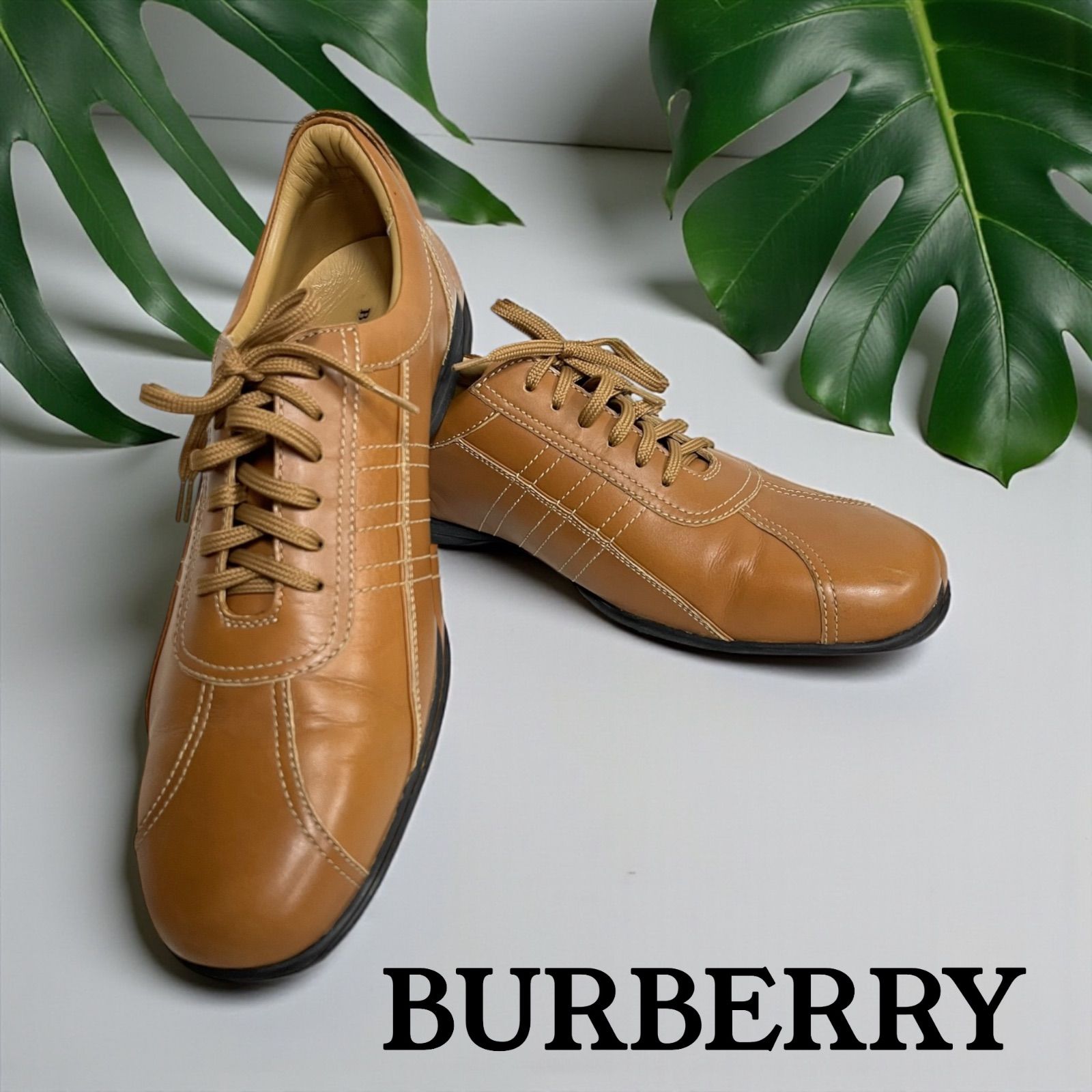 BURBERRY キャメル 本革 レザースニーカー メンズ 25.5cm バーバリー 靴 おしゃれ シューズ オーソドックス
