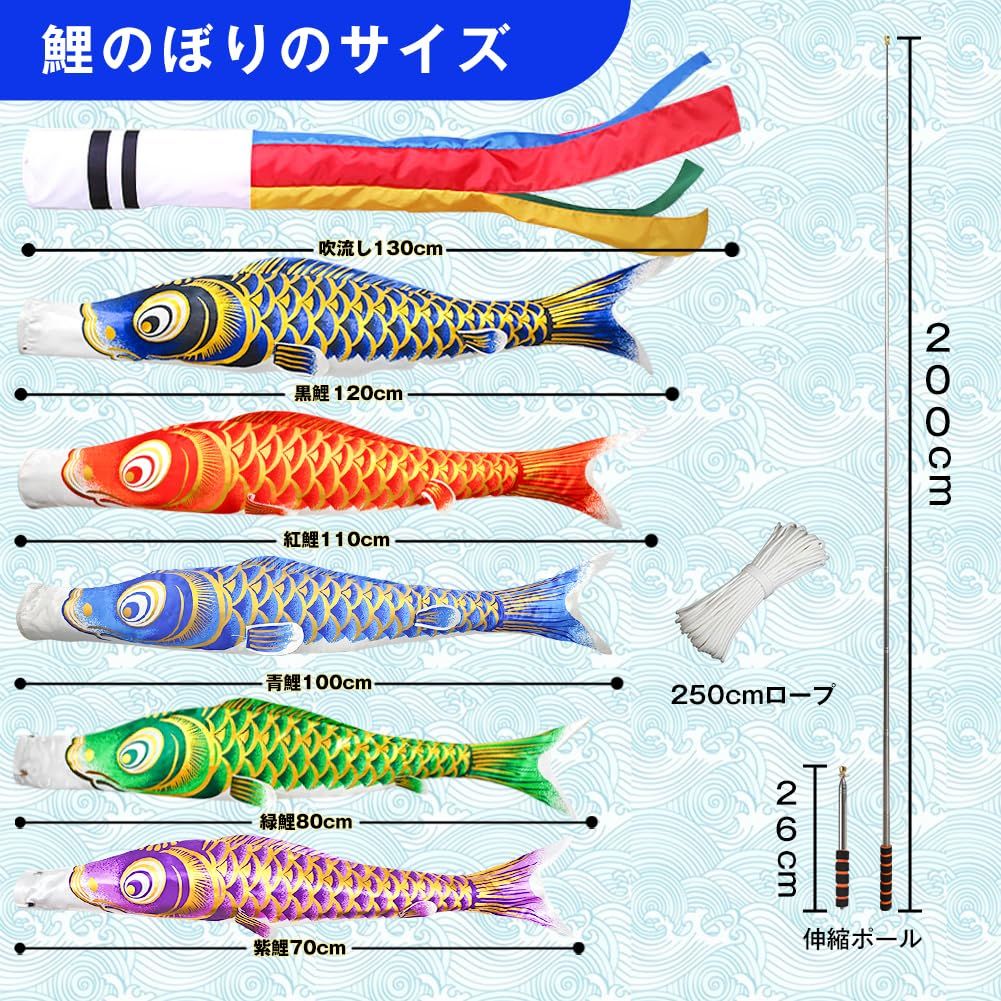 鯉のぼり こいのぼり 金箔 ベランダ用鯉のぼりミニ 鯉5匹 マンション 2m伸縮スタンド付 吹流し1.3m 特選 最 鯉のぼり 金箔ぼかし撥水加工 端午の節句 ポリエステルサテン使用