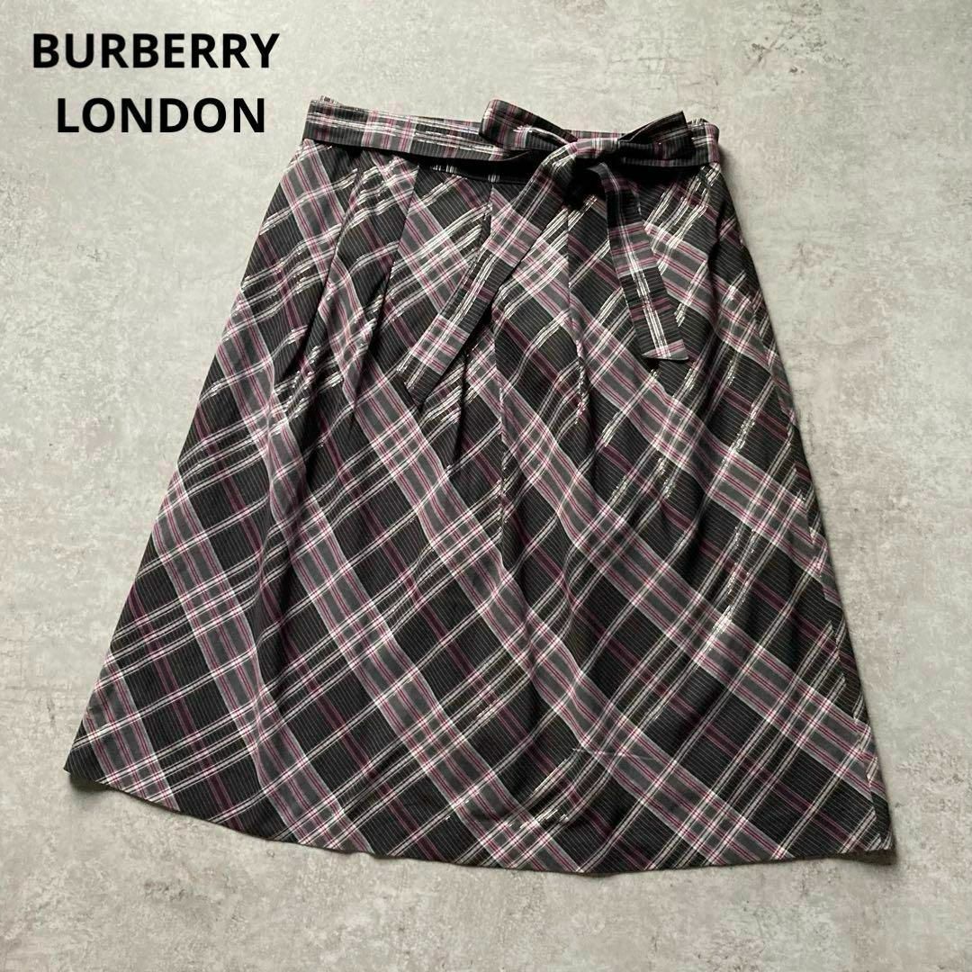 バーバリーロンドン タックフ スカート ラメ入りノバチェック ウエストりぼん 大きいサイズ44 三陽商会 BURBERRY LONDON