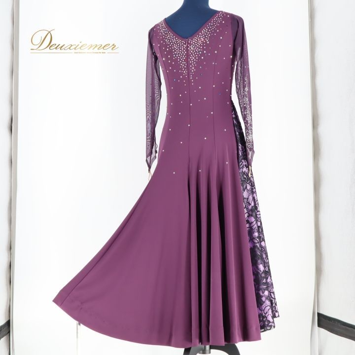  社交ダンス 衣装 ワンピース ドレス 紫 レース パーティドレス 上品 長袖 軽い ダンス パーティ 発表会 パープル系 おしゃれ ステージ用 エレガント パフォーマンス 柔らかい ドレス ダンス衣装 社交ダンス