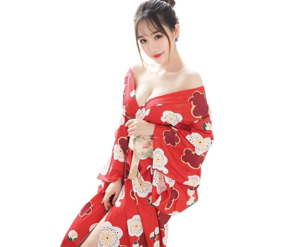 【TKC204】浴衣 和服 和服 Cosplay 性感 花魁 服裝 睡衣 睡衣 可愛 前開 大和撫子 和風 和服 衣装 女士 女性 情趣內衣 連衣裙 睡裙 T字褲 套裝 均碼 (紅色＋櫻花) 的縮圖