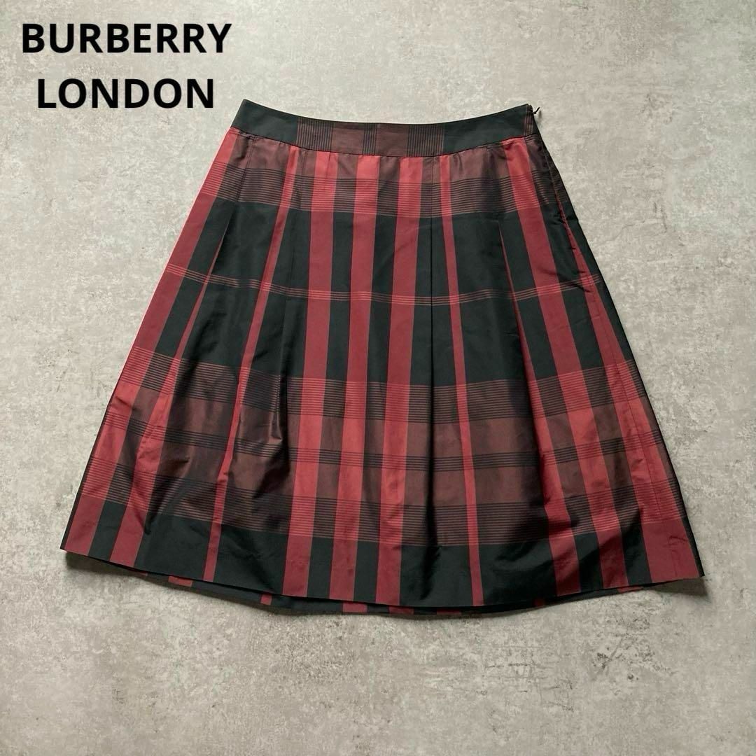 バーバリーロンドン シルク混 タックフ スカート ノバチェック 赤黒 大きいサイズ44 三陽商会 BURBERRY LONDON
