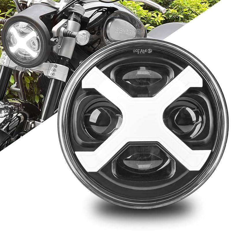 Motikvans5.75インチ LED バイクヘッドライト ホワイトDRL付き Hi/Lo切り替え オートバイ ヘッドライト ハーレーダビッドソン スポーツスター883nfxsbxl1200x xl1200n対応 丸目ヘッドライト (X型DRL)