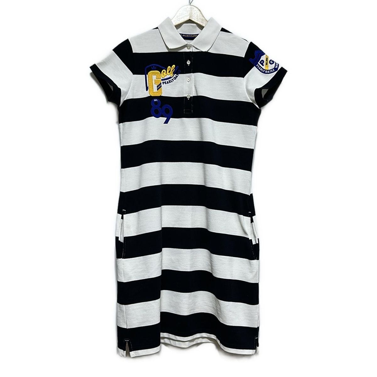 PEARLY GATES パーリーゲイツ ワンピース サイズ1 S レディース - 白×黒×マルチ レギュラー 半袖 ひざ丈 ボーダー