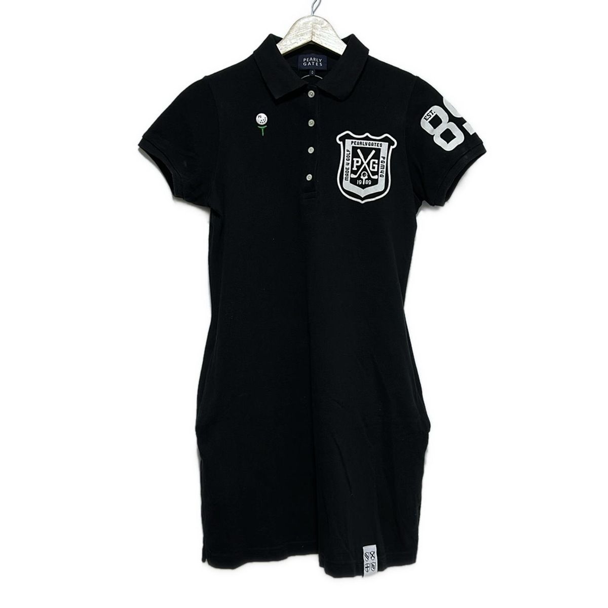 PEARLY GATES パーリーゲイツ ワンピース サイズ0 XS レディース - 黒×白×マルチ レギュラー 半袖 ひざ丈