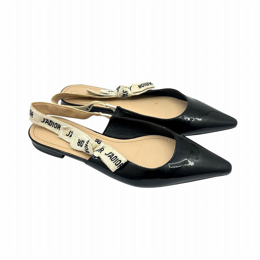 DIOR ディオール エナメル パンプス リボン シューズ 靴 バックストラップ ブラック 黒 JADIOR エナメルレザー ローヒール ぺだんこ バレエシューズ ＃37 約24 cm レディース 女性用 ブランドギャラリー