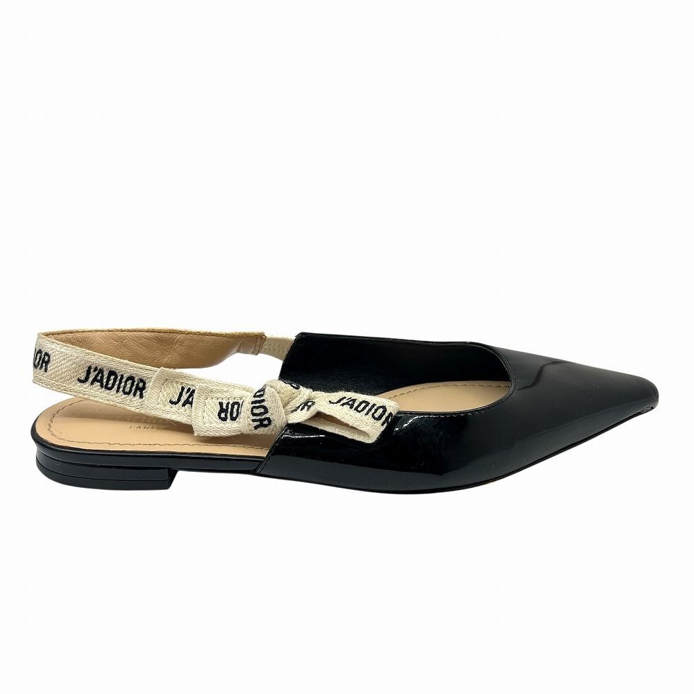  DIOR ディオール エナメル パンプス リボン シューズ 靴 バックストラップ ブラック 黒 JADIOR エナメルレザー ローヒール ぺだんこ バレエシューズ ＃37 約24 cm レディース 女性用 ブランドギャラリー フラットシューズ バレエシューズ パンプス