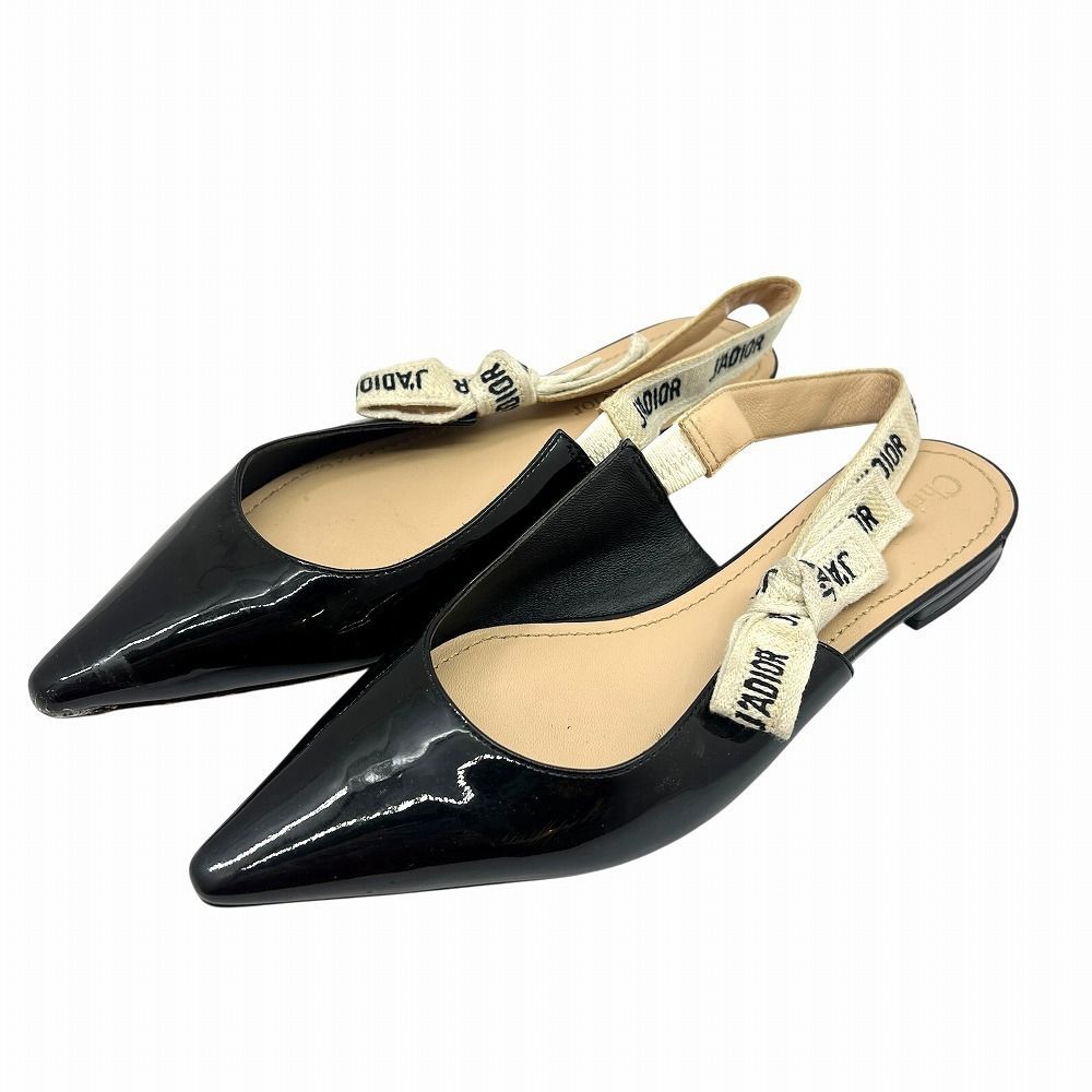 DIOR ディオール エナメル パンプス リボン シューズ 靴 バックストラップ ブラック 黒 JADIOR エナメルレザー ローヒール ぺだんこ バレエシューズ ＃37 約24 cm レディース 女性用 ブランドギャラリー