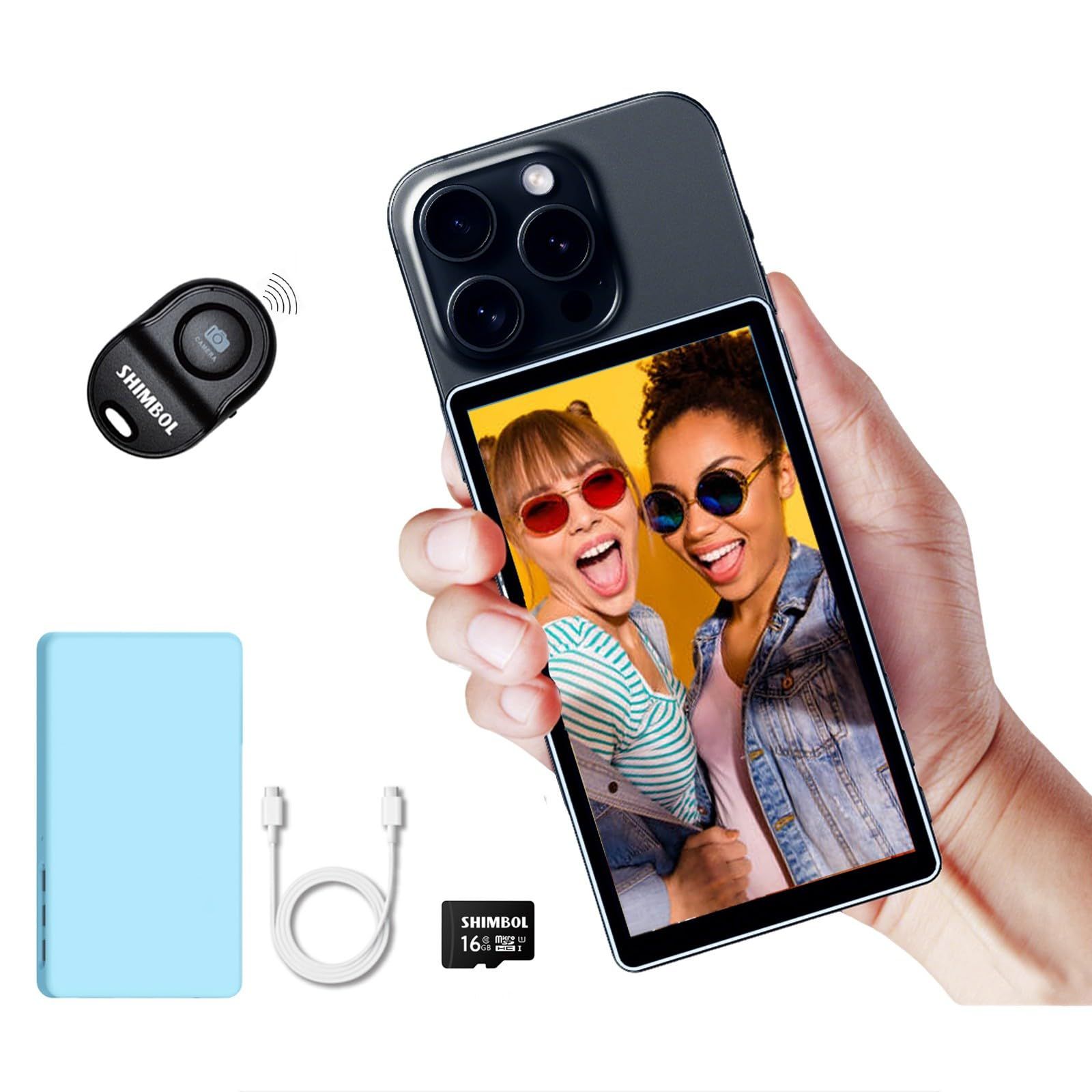 Shimbol CP5 5インチ タッチスクリーン リアカメラ セルフィーモニター 合金シェル 1080P iPhone ミニモニター iPhone Android フォン Vlogging用 マグネット式ブルーシリコンケース Bluetooth リモコ