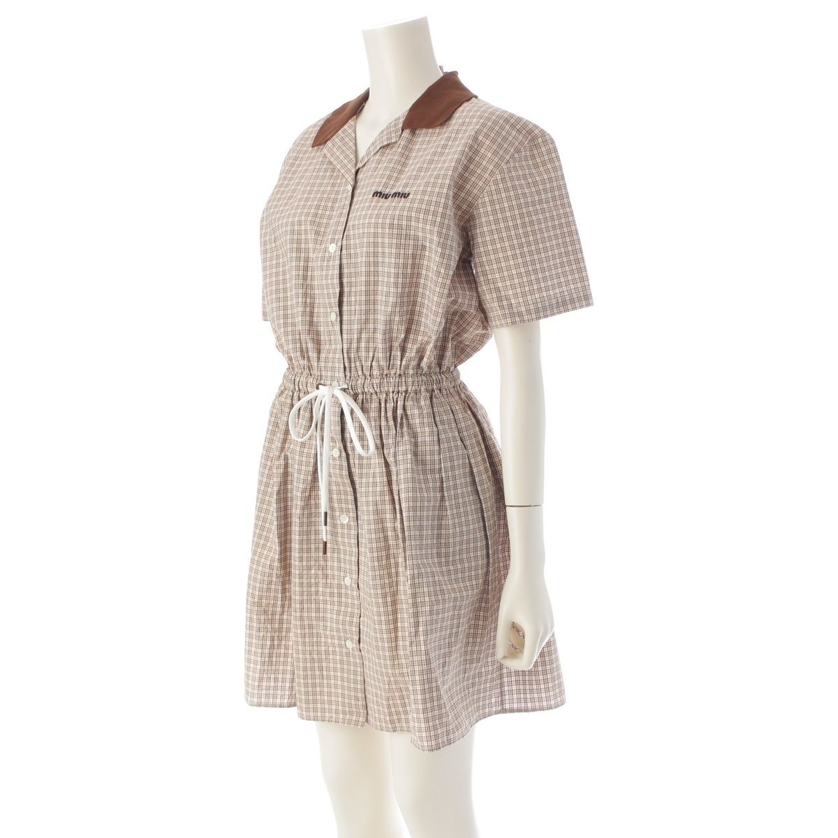 ミュウミュウ 2025 コットン ロゴ チェック 半袖 ワンピース MF 5712 ベージュ 38