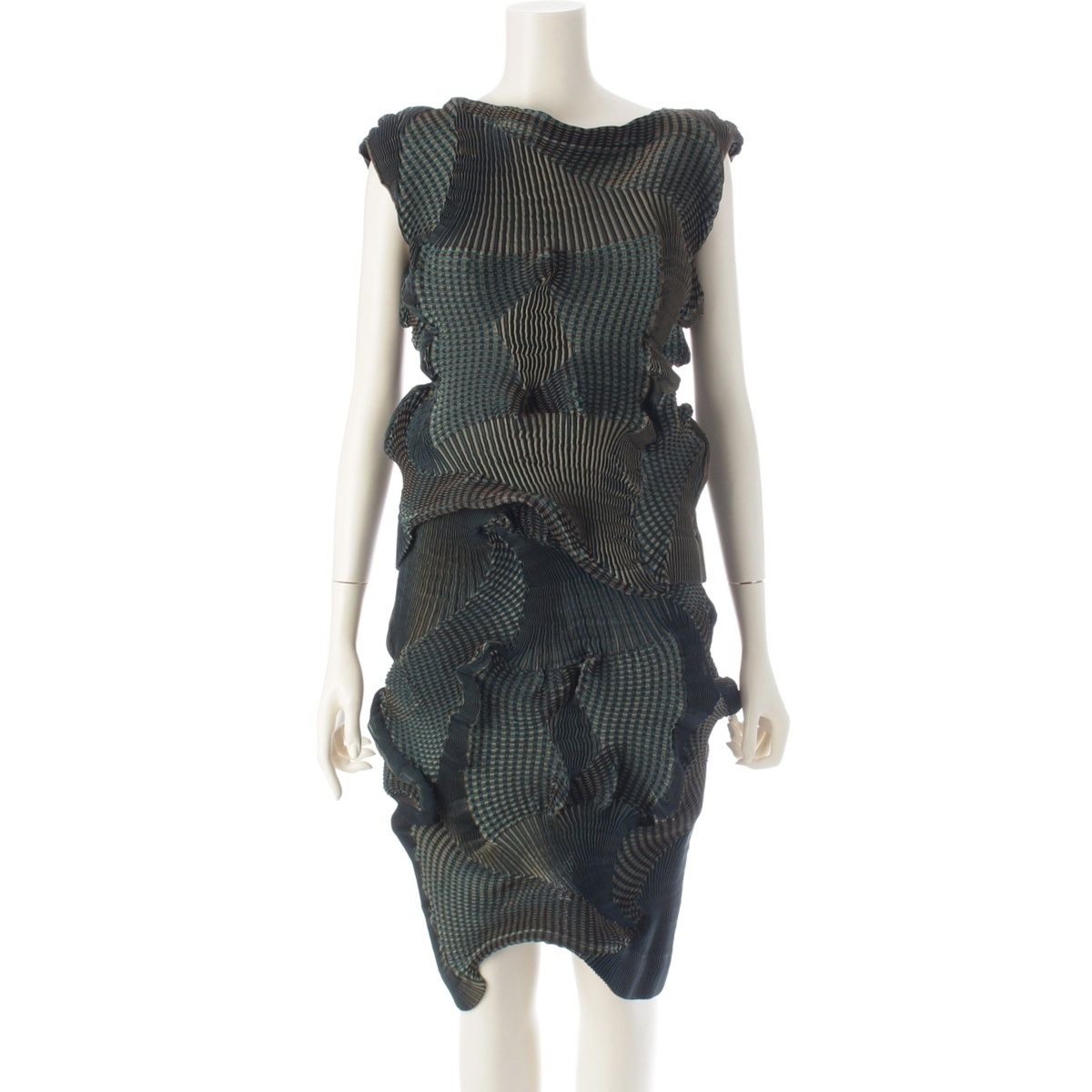 イッセイミヤケ 16AW 3D スチーム ストレッチ トップス スカートセットアップ IM64FJ518 IM64FG525 グリーン×ゴールド 2