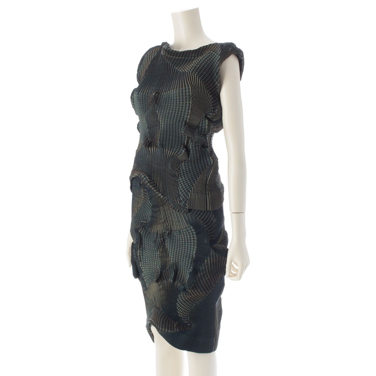 イッセイミヤケ 16AW 3D スチーム ストレッチ トップス スカートセットアップ IM64FJ518 IM64FG525 グリーン×ゴールド 2