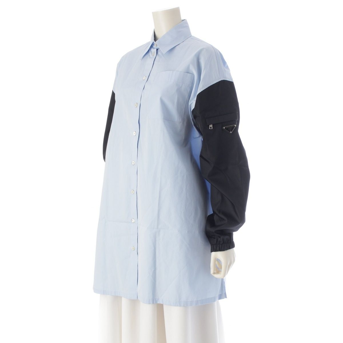 プラダ コットン リナイロン トライアングルロゴ 切替 長袖シャツ トップス P3H34 ブルー ブラック 36