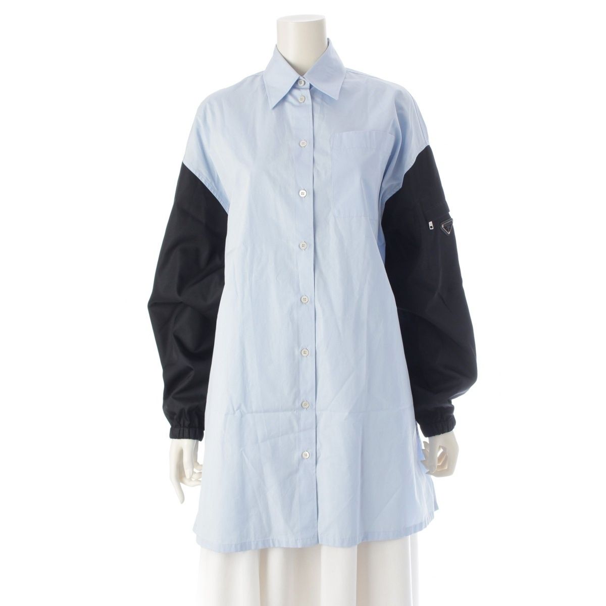 プラダ コットン リナイロン トライアングルロゴ 切替 長袖シャツ トップス P3H34 ブルー ブラック 36