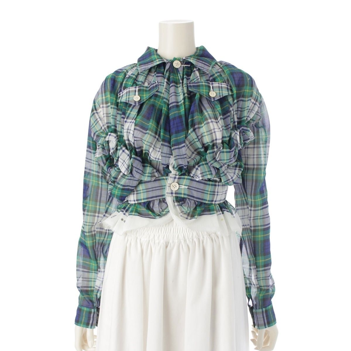 コムデギャルソン AD2005 チェック柄 フリルデザイン クロップド デザイン ジャケット GQ-J015 グリーン×ブルー SS