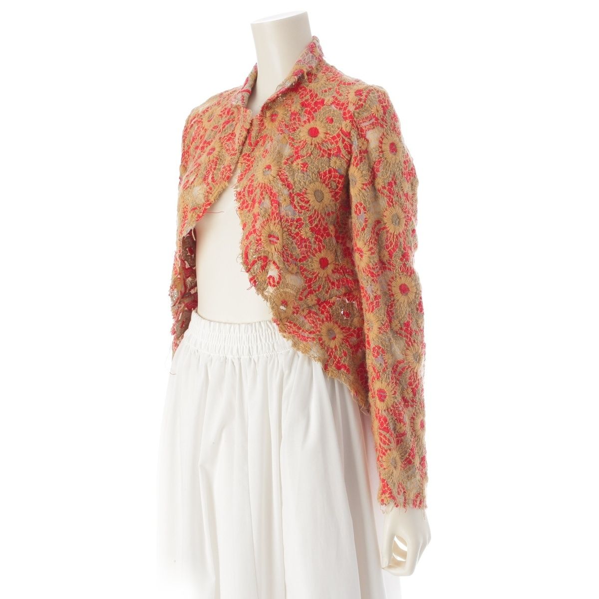 コムデギャルソン AD2003 コットン ウール 総刺繍 レース 燕尾 テーラードジャケット トップス GM-J009 ブラウン レッド S