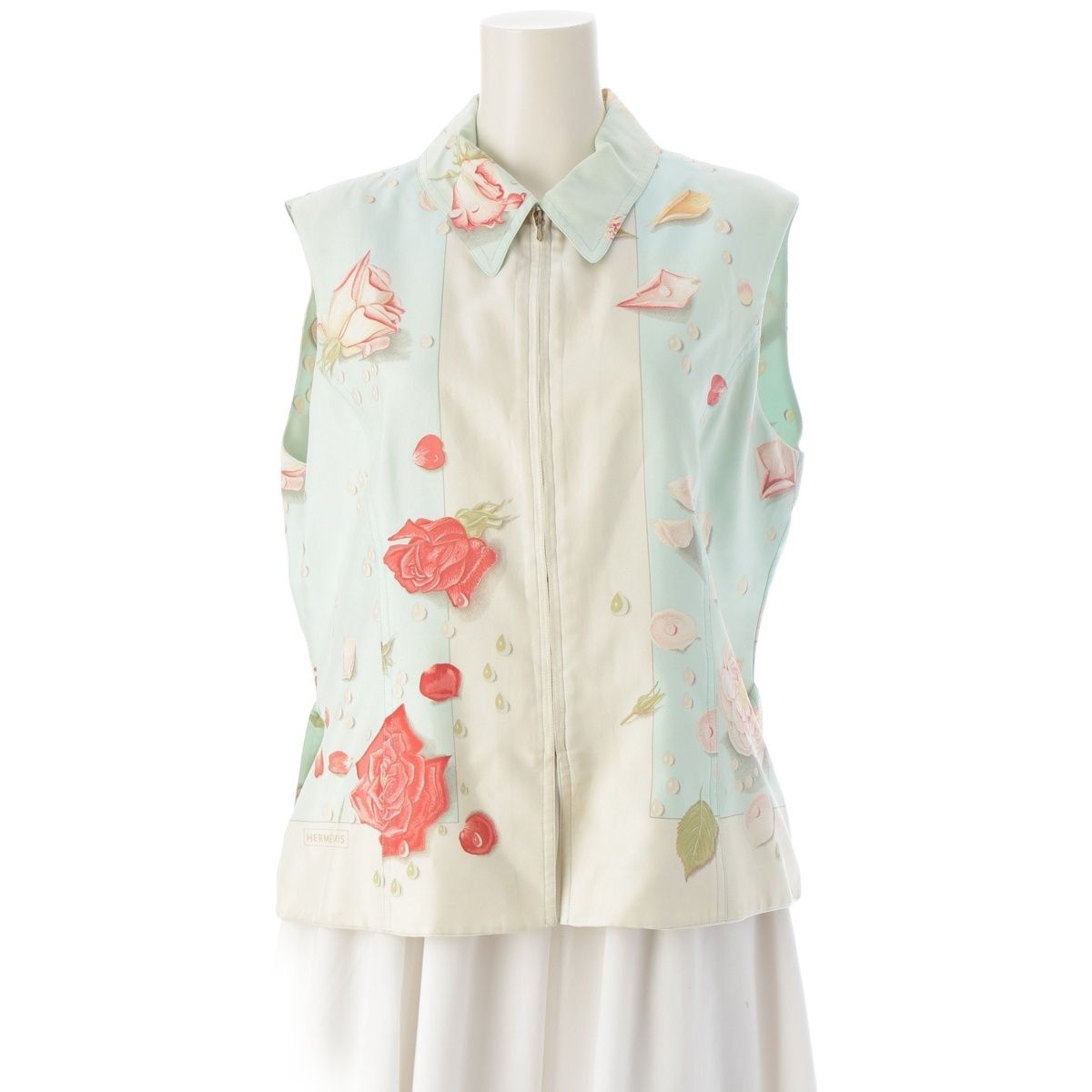 エルメス LA ROSEE 薔薇の雫 シルク ジップアップ ベスト ジレ トップス ライトブルー系 44