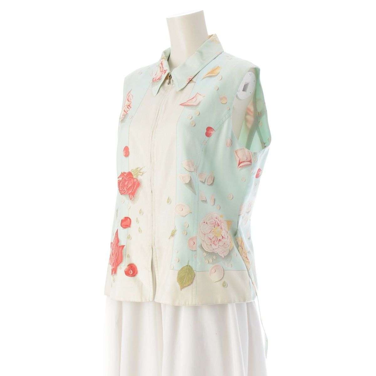 エルメス LA ROSEE 薔薇の雫 シルク ジップアップ ベスト ジレ トップス ライトブルー系 44