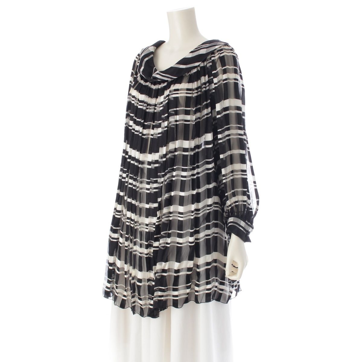 クリスチャンディオール 1991年 シルク ジャンフランコフェレ期 チェック柄 シアー プリーツ チュニック プルオーバー ブラウス トップス ブラック×ホワイト 38