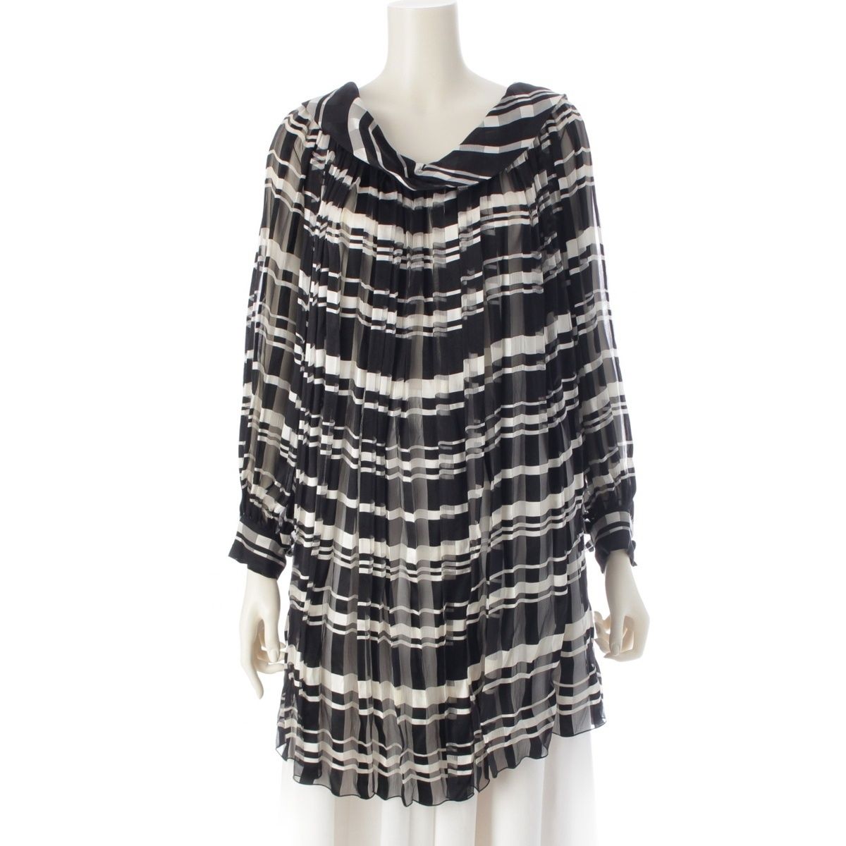 クリスチャンディオール 1991年 シルク ジャンフランコフェレ期 チェック柄 シアー プリーツ チュニック プルオーバー ブラウス トップス ブラック×ホワイト 38