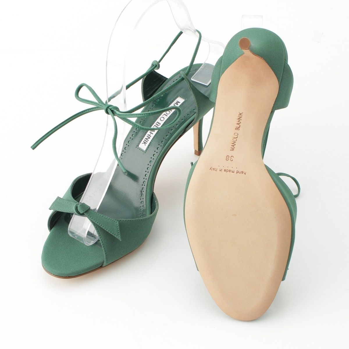 Manolo Blahnik マノロブラニク ミントグリーン サンダル マノロブラニク POTASIA レザー オープントゥ リボン ヒール サンダル