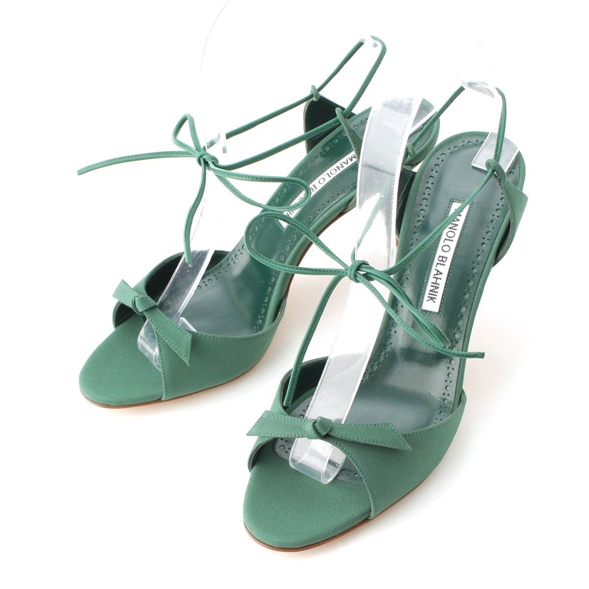 マノロブラニク POTASIA レザー オープントゥ リボン ヒール サンダル グリーン 38