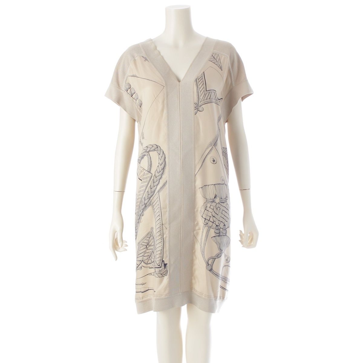 エルメス 21年 シルク Vネック ニット 切替 ツイルレーヌ ノースリーブ ワンピース ドレス ベージュ 34