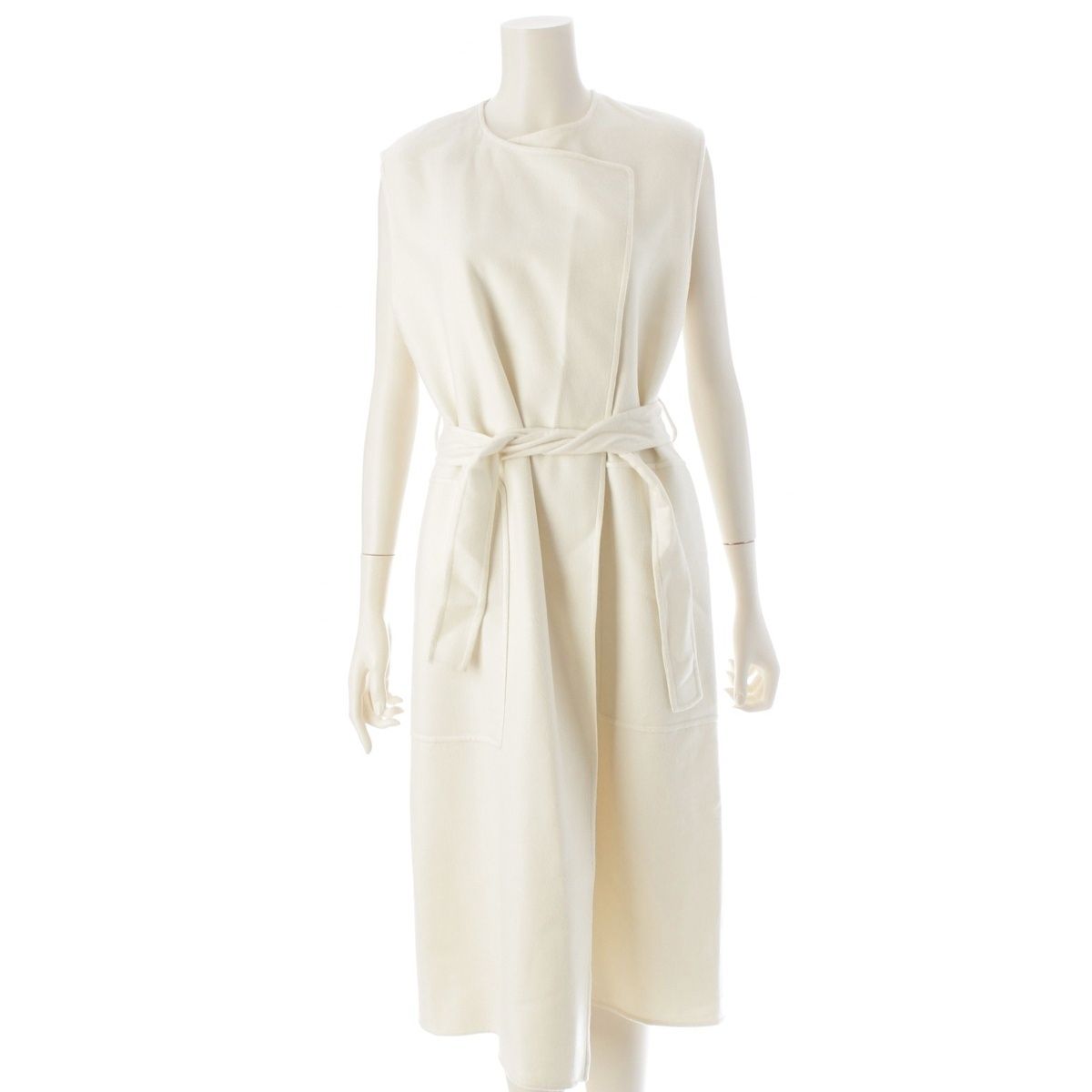 エルメス 24年 カシミヤ ベルテッド ロング ジレ ベスト コート アウター 4E0177DC ホワイト 34