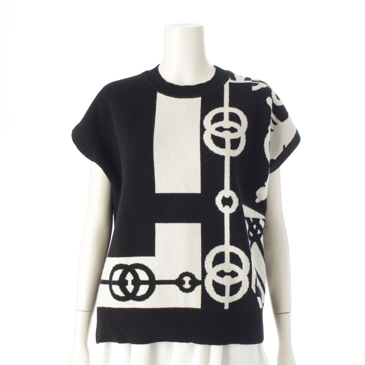 エルメス 22年 カシミヤ クリケティス ノースリーブ ニット セーター ベスト トップス 2E2617DU ブラック ホワイト 34