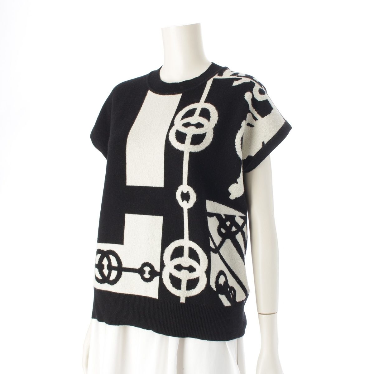 エルメス 22年 カシミヤ クリケティス ノースリーブ ニット セーター ベスト トップス 2E2617DU ブラック ホワイト 34