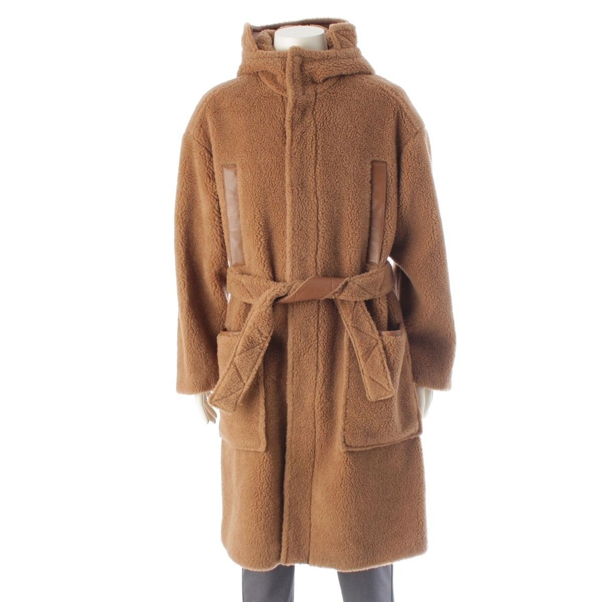 Solleciti ソレシティ キャメル シルク ベルテッド フード ロング ボア コート アウター ブラウン 46