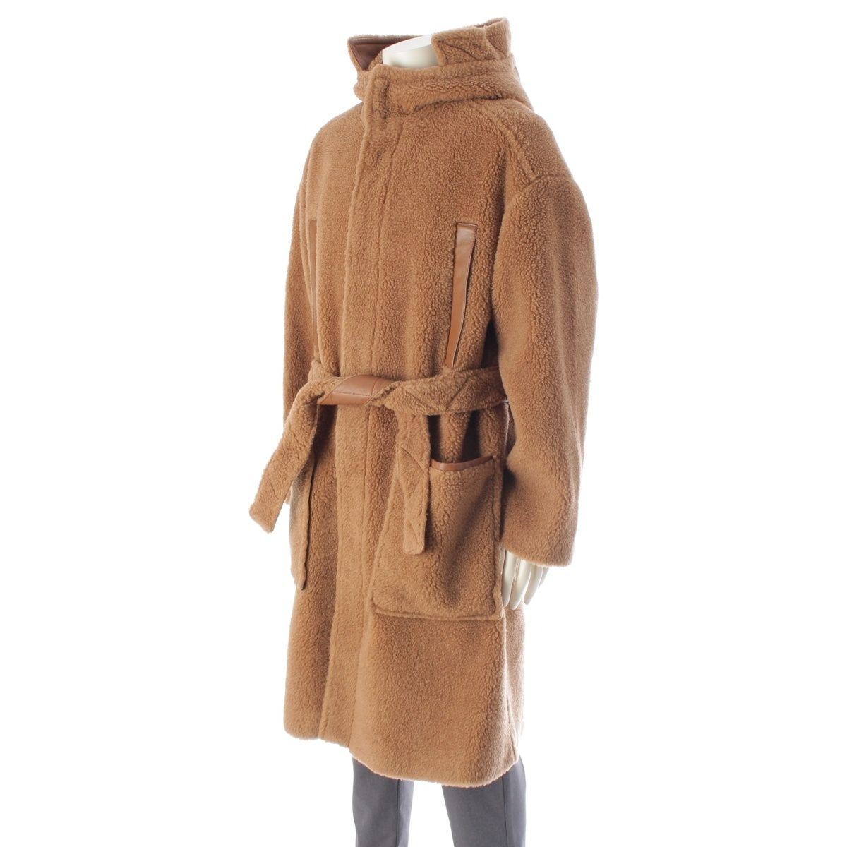 Solleciti ソレシティ キャメル シルク ベルテッド フード ロング ボア コート アウター ブラウン 46