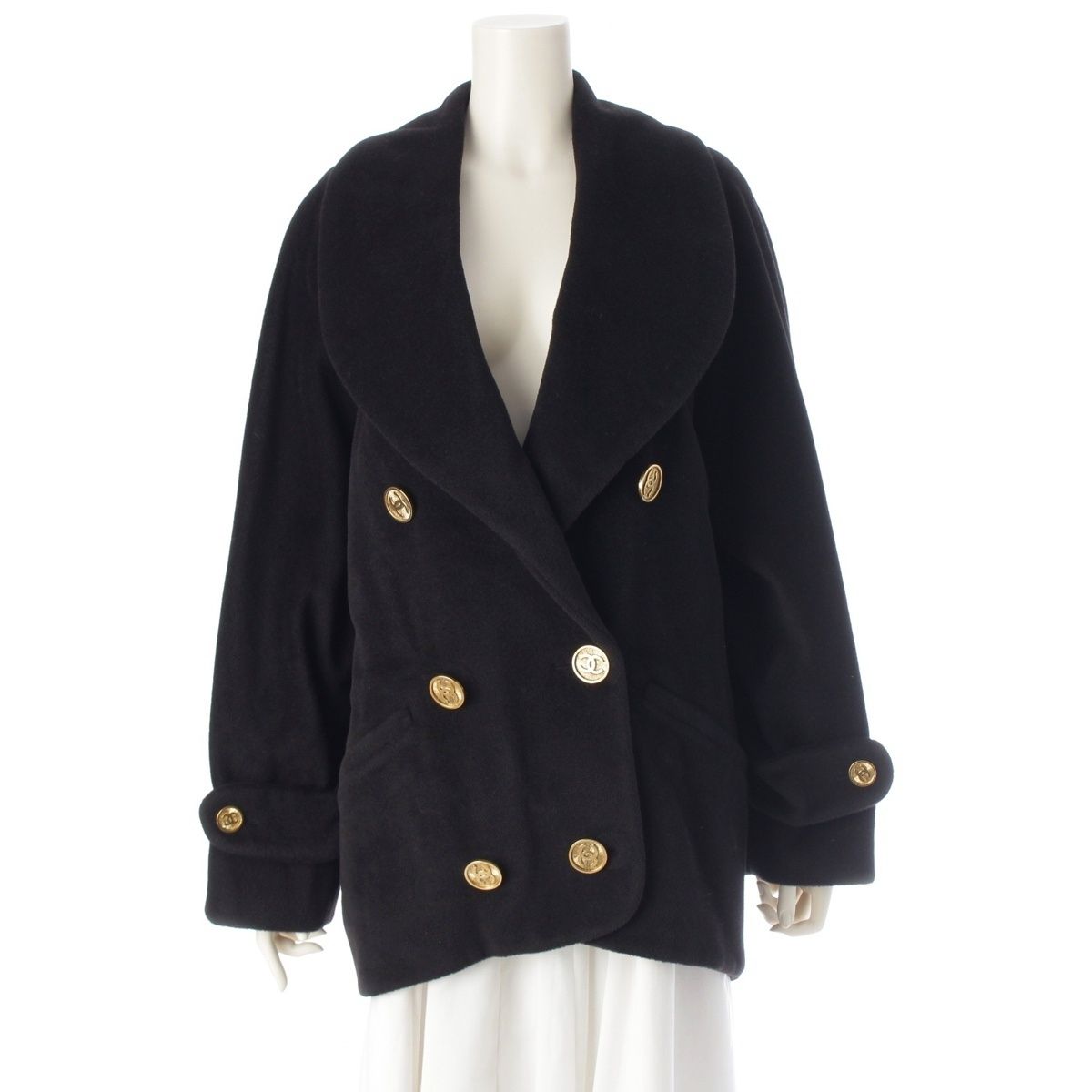 シャネル ウール ヴィンテージ 金ボタン ショール ボリューム オーバー コート アウター 25328 ブラック 36