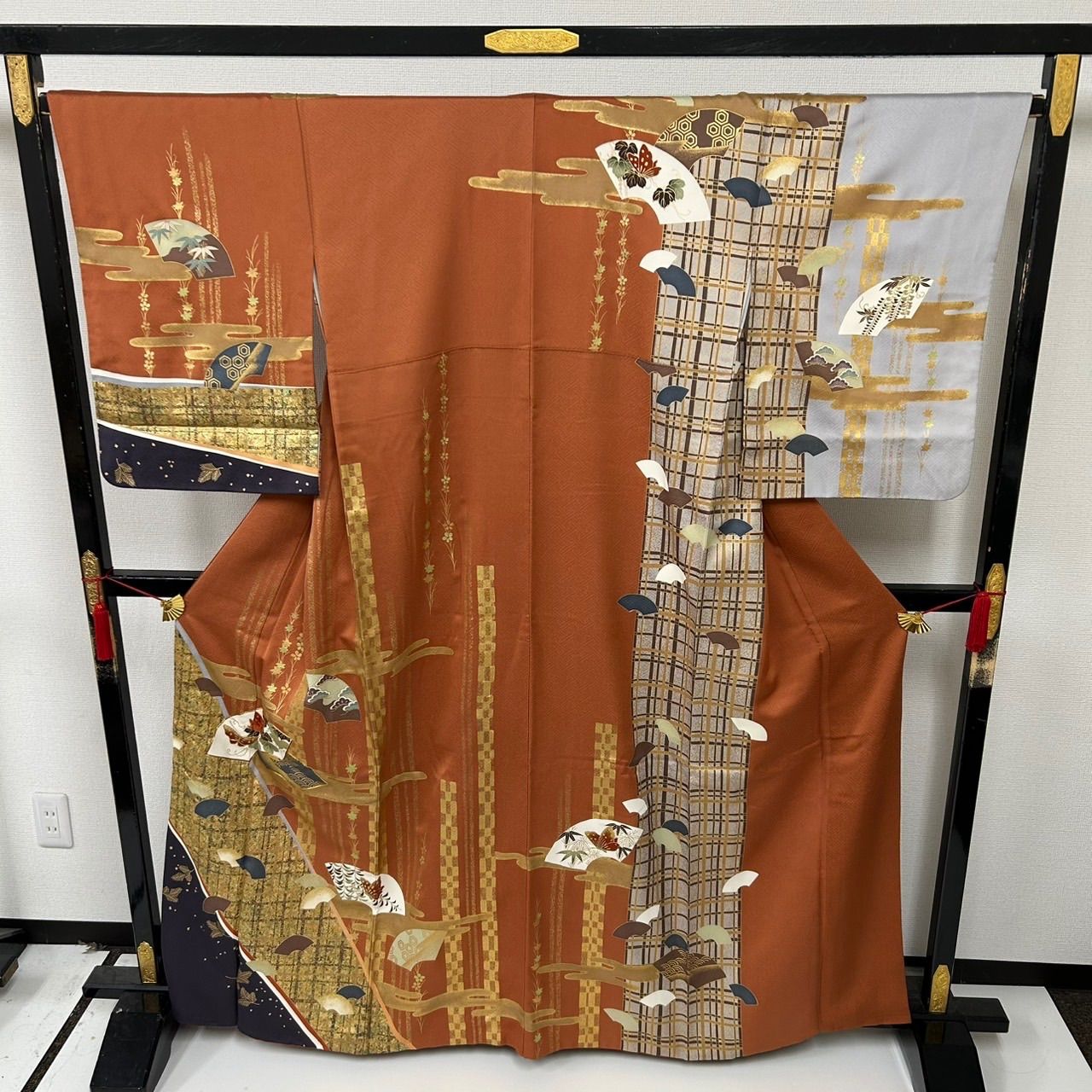 付下げ 豪華金彩 格子にヱ霞 裄66 5 紋無し 訪問着 正絹 着物 MK 1137