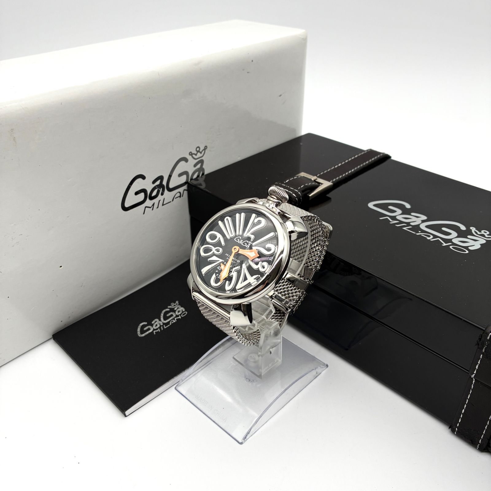 GAGA MILANO ガガミラノ マヌアーレ 腕時計 裏スケ メタリック レザー メンズ ロゴ き シルバー