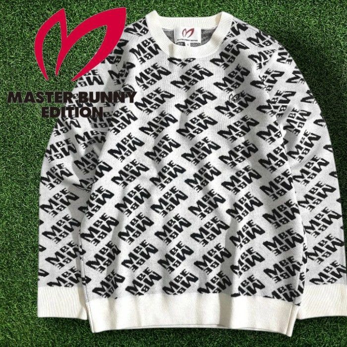 マスターバニー エディション パーリーゲイツ ゴルフ ウール混 ジャガード MBE総ロゴ 総柄 クルーネック 長袖 ニットプルオーバー セーター ゴルフウェア 758-3170005 定価3.3万 ホワイト ブラック 050 51111w02