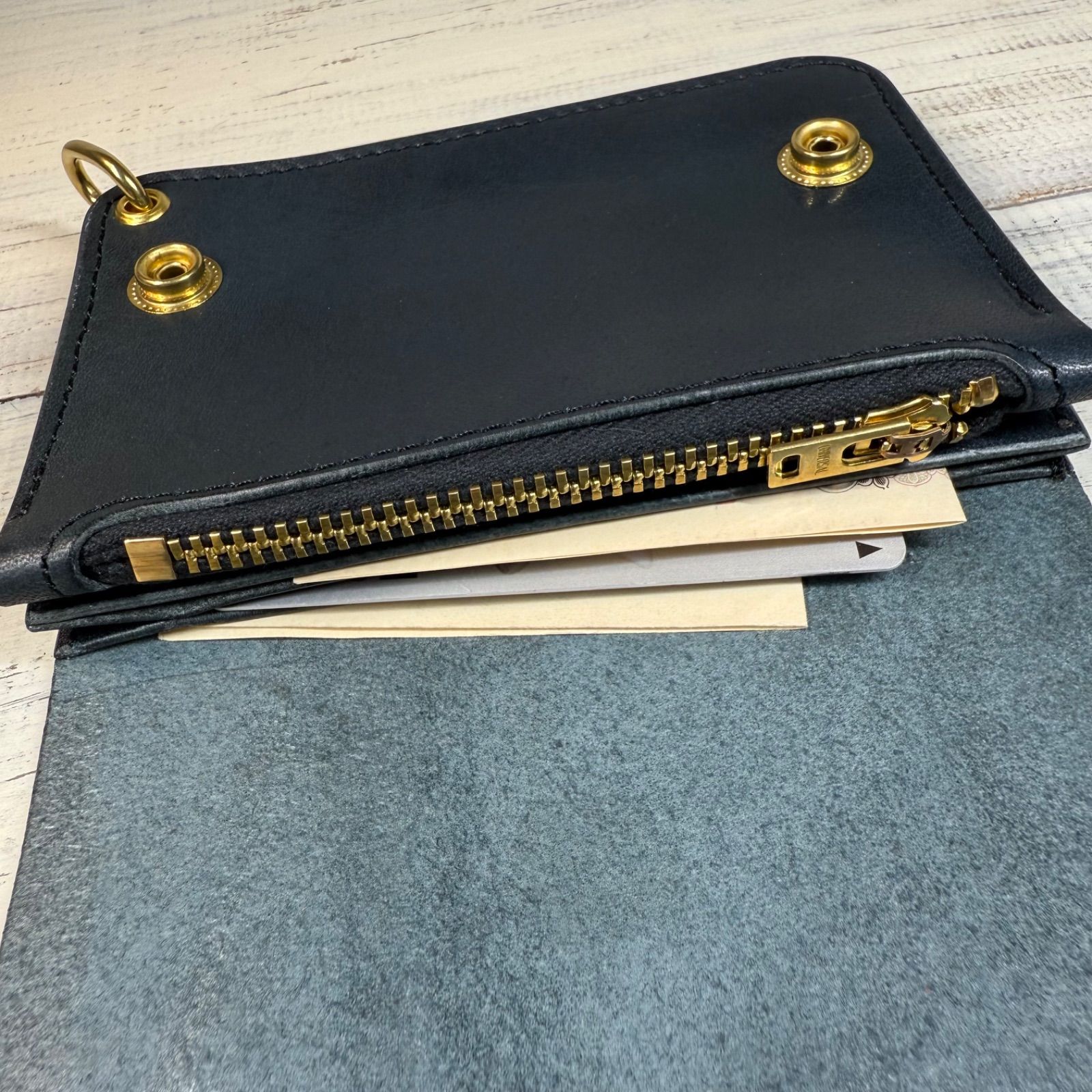 トラッカーウォレット ショート 3層】 ネイビー ゴールド 栃木レザー