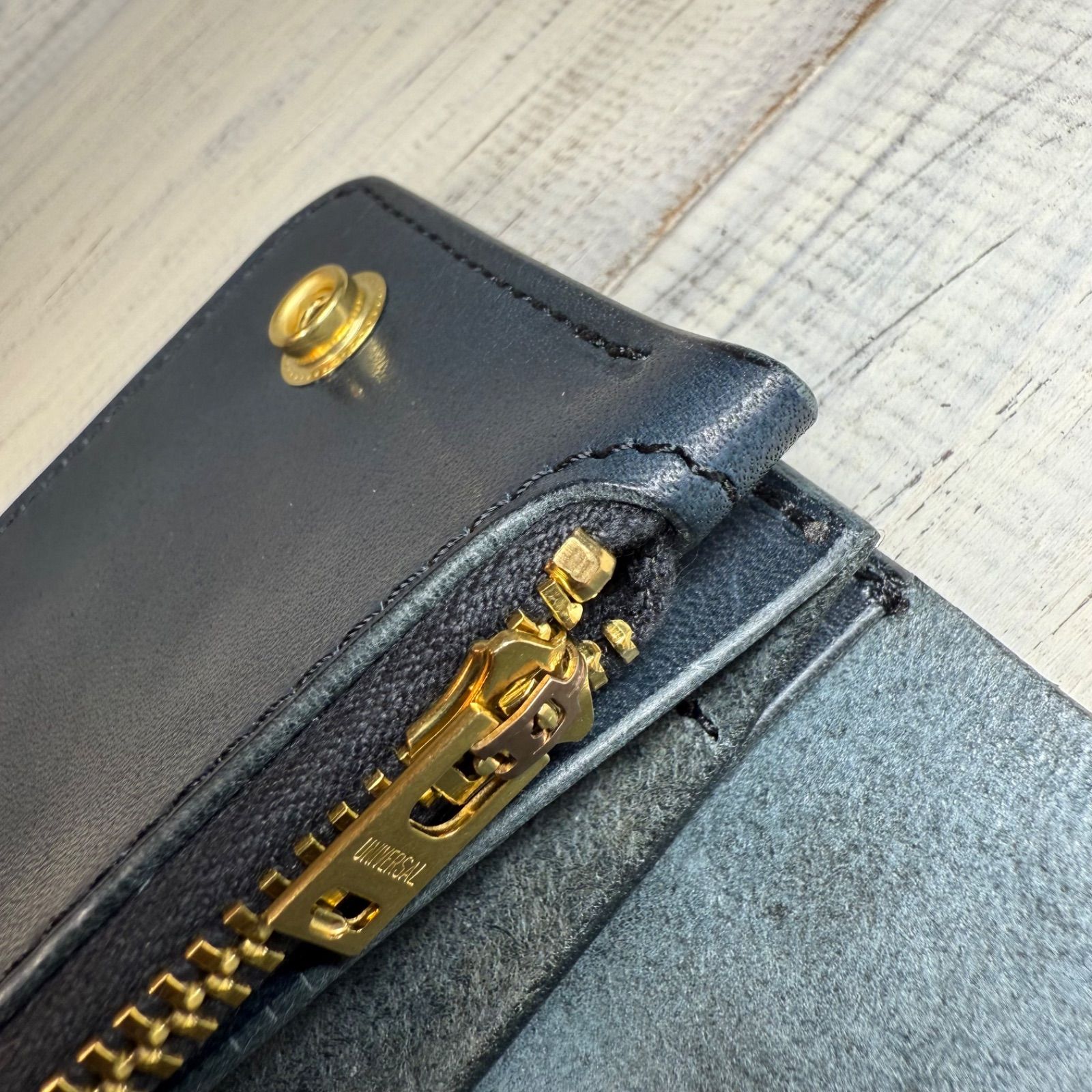 トラッカーウォレット　3層　栃木レザー　真鍮 トラッカーウォレット ショート 3層】 ネイビー ゴールド 栃木レザー