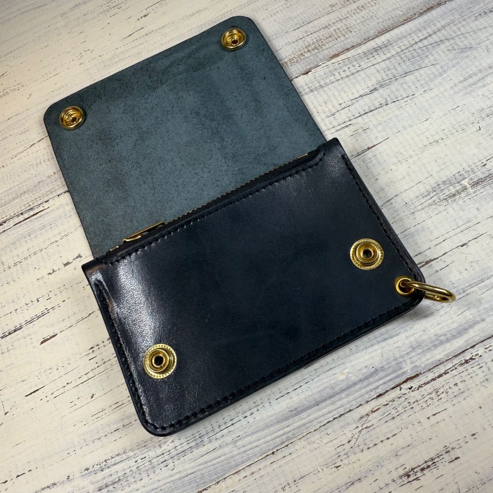 トラッカーウォレット　3層　栃木レザー　真鍮 トラッカーウォレット ショート 3層】 ネイビー ゴールド 栃木レザー