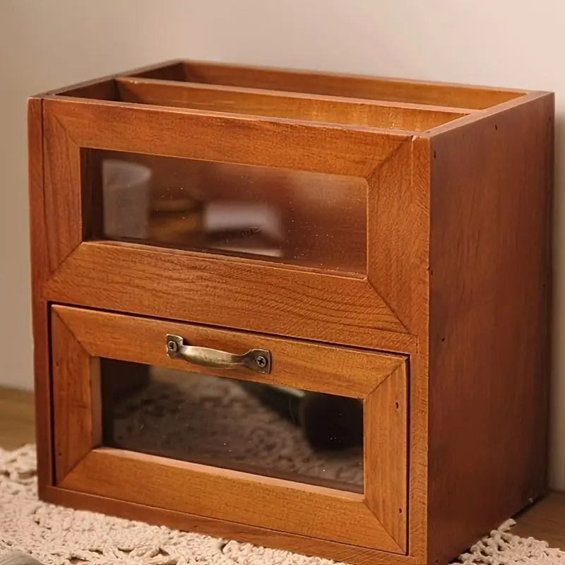 木製 ヴィンテージ調 収納ボックス 小物収納 デスクトップオーガナイザー ブラウン 引き出し付き リビング 寝室 書斎 オフィス リモコン収納 文房具収納 お洒落 シンプル ナチュラル 素朴 4-7