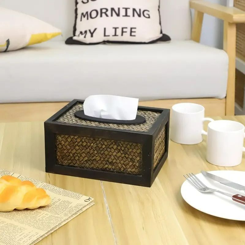 ティッシュホルダー ティッシュケース 木製 ラタン 長方形 ブラック ブラウン インテリア ナチュラル ティッシュボックス シンプル お洒落 4-7