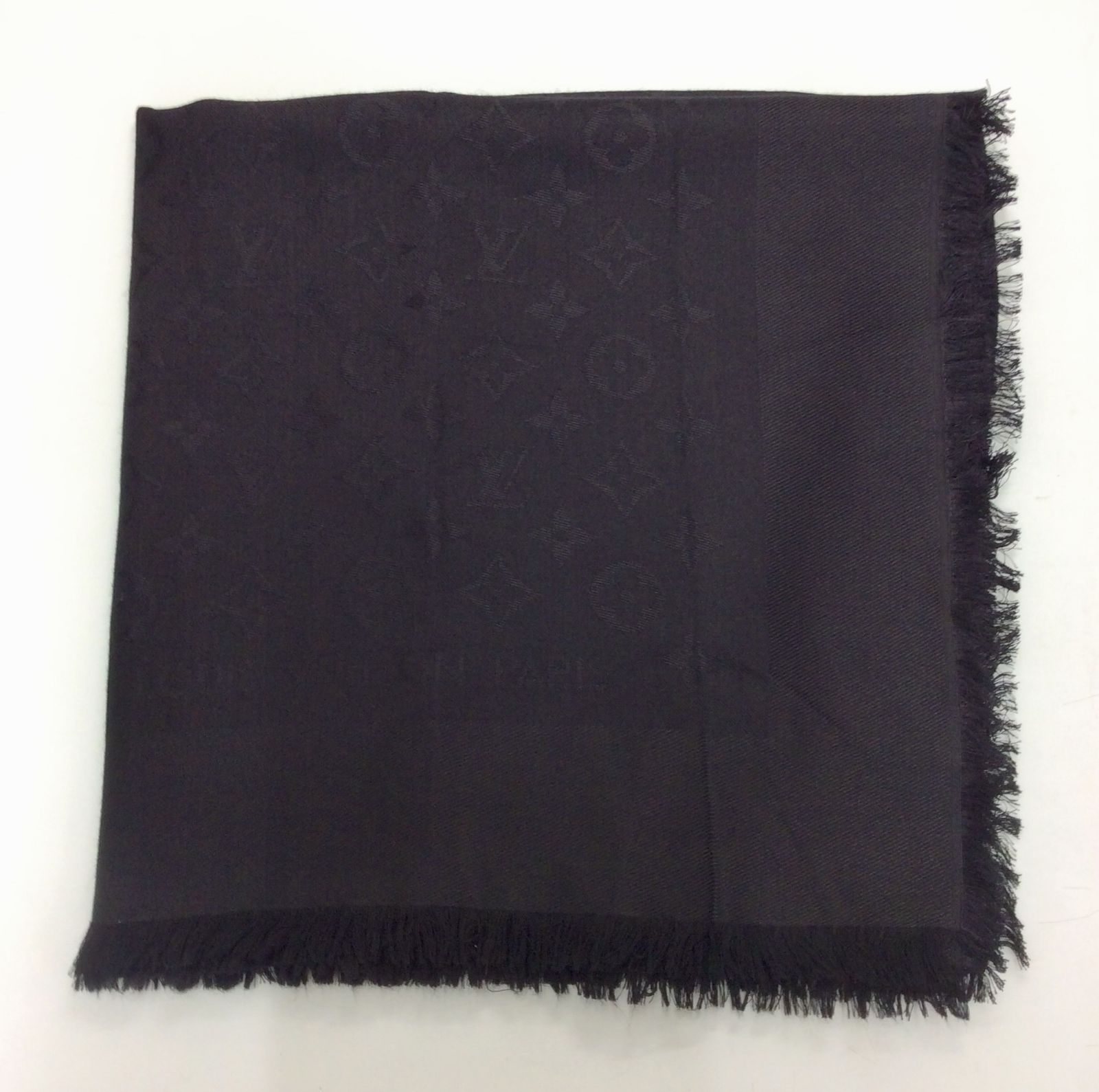 LOUIS VUITTON ルイヴィトン モノグラム 大判ストール ショール シルク×ウール フリンジ ブラック K 1113